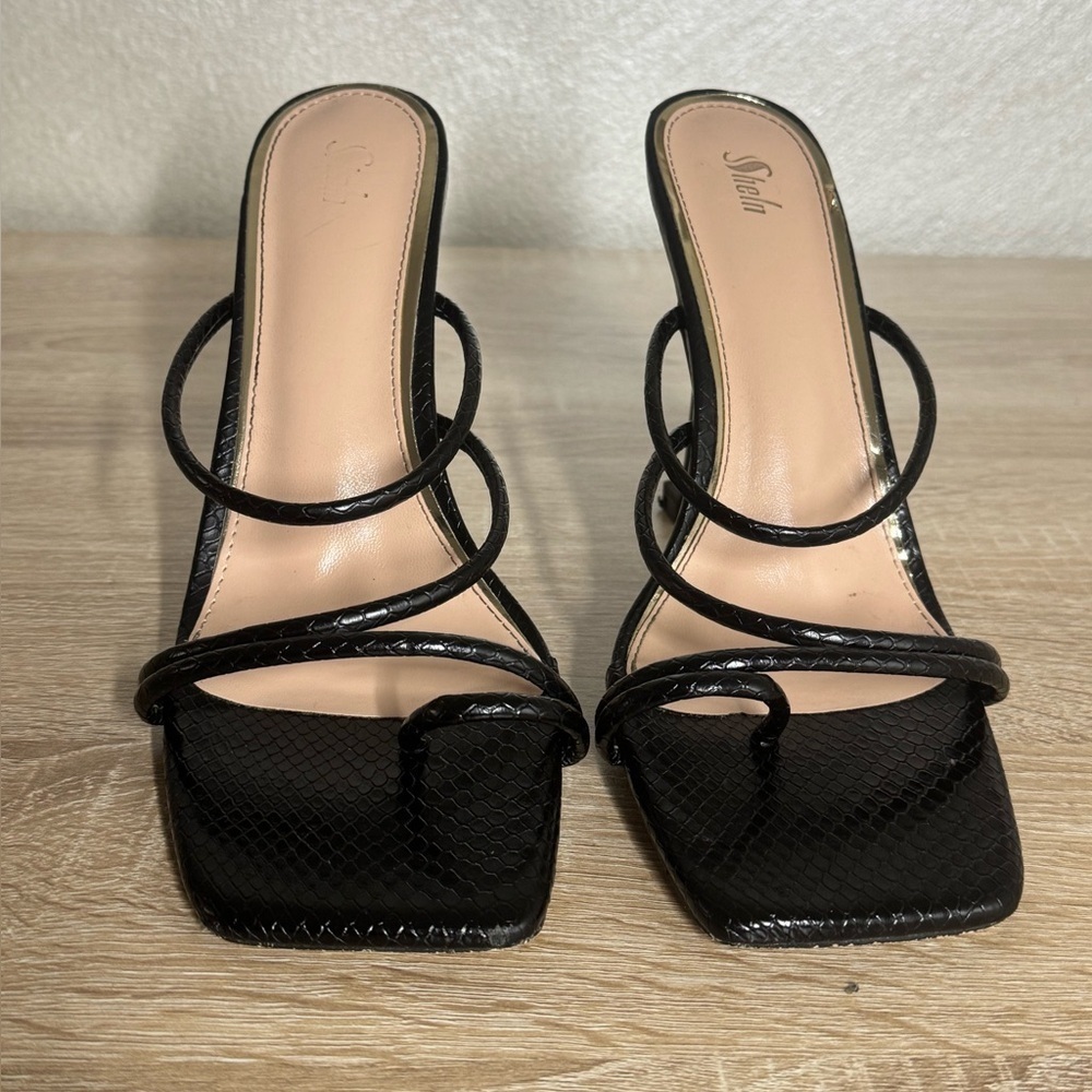 SHEIN Size40 US9.5 Square Ring Toe Stiletto Heel Mules Snackeskin Leather Sandal - Picture 2 of 10